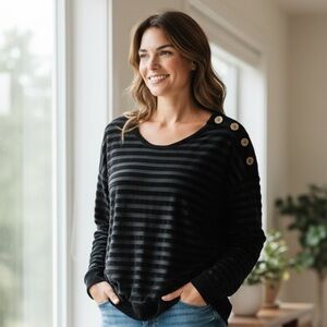 Elegant Black Striped Women's Sweatshirt with Button Accents